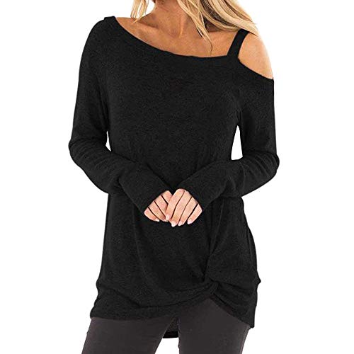 WUAI-Women Casual Shirts Cold Shoulder Tops Short Sleeve Fashion Knot Twist Front T-Shirt Blouse(Black,Small)