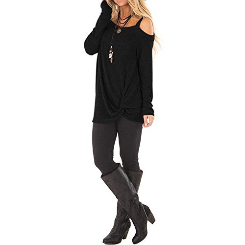 WUAI-Women Casual Shirts Cold Shoulder Tops Short Sleeve Fashion Knot Twist Front T-Shirt Blouse(Black,Small)
