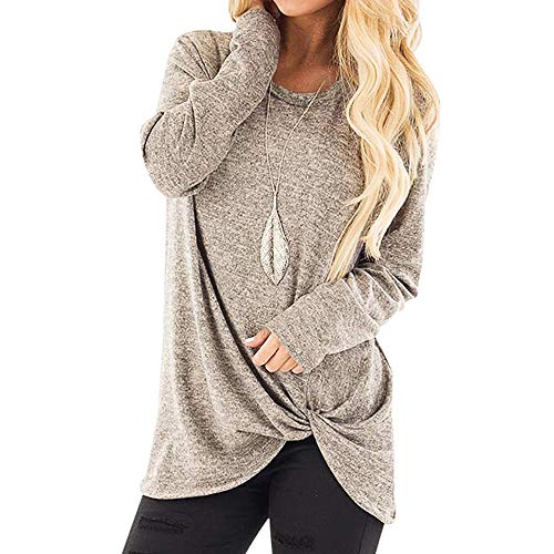 Women Casual Solid Crewneck Loose T-Shirt Long Sleeve Autumn Twisted Tops Blouse Tunic Sweatershirts（Khaki,Size S