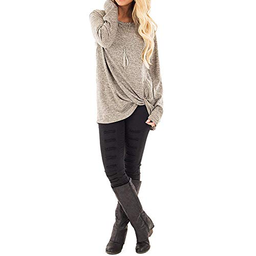 Women Casual Solid Crewneck Loose T-Shirt Long Sleeve Autumn Twisted Tops Blouse Tunic Sweatershirts（Khaki,Size S
