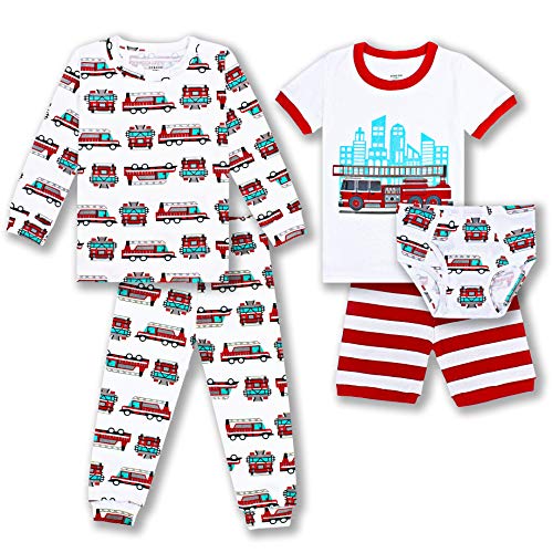 ZEBZOO Pajamas for Boys Little Kid Jammies Briefs Set 5-Piece Sleepwear 100% Cotton Underwear Children Tops Pants Size 12 Fire Engine