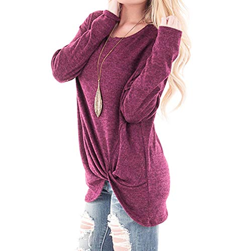 WUAI 2018, Womens Casual Shirts Long Sleeve O-Neck Loose Fit Fashion Solid Running Athletic Tops（Hot Pink,Size M