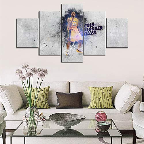 Basketball Sports Decor NBA Los Angeles Lakers Kobe Bryant Wall Art Canvas Retro Prints Home Decals Pictures for Bedroom Living Room 5 Panel Poster Painting Artwork Framed Ready to Hang - 60''Wx32''H