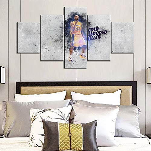 Basketball Sports Decor NBA Los Angeles Lakers Kobe Bryant Wall Art Canvas Retro Prints Home Decals Pictures for Bedroom Living Room 5 Panel Poster Painting Artwork Framed Ready to Hang - 60''Wx32''H