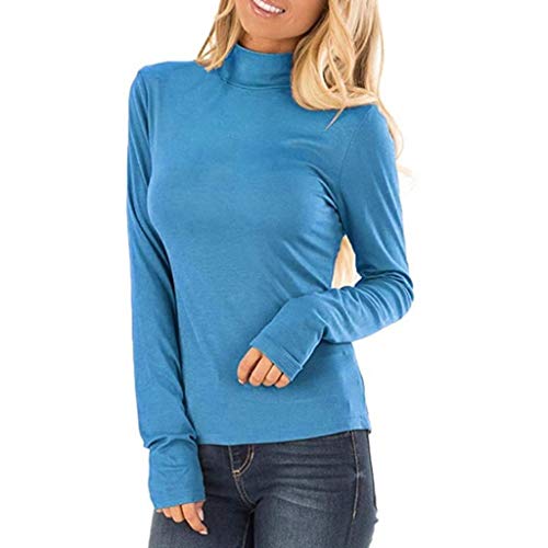 Fitfulvan Women's Turtleneck Slim Long Sleeve Top Fashion Solid Color Elegant Pullover Blue