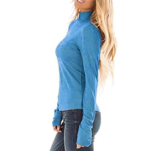 Fitfulvan Women's Turtleneck Slim Long Sleeve Top Fashion Solid Color Elegant Pullover Blue