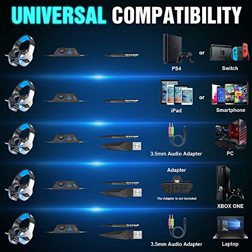 BENGOO V-4 Gaming Headset for Xbox One, PS4, PC, Controller, Noise Cancelling Over Ear Headphones with Mic, LED Light Bass Surround Soft Memory Earmuffs for PS2 Mac Nintendo Switch Games