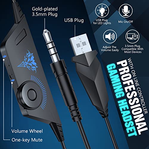 BENGOO V-4 Gaming Headset for Xbox One, PS4, PC, Controller, Noise Cancelling Over Ear Headphones with Mic, LED Light Bass Surround Soft Memory Earmuffs for PS2 Mac Nintendo Switch Games