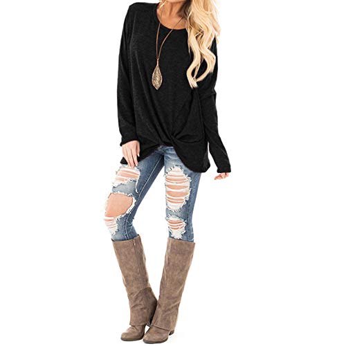 WUAI 2018, Womens Casual Shirts Long Sleeve O-Neck Loose Fit Fashion Solid Running Athletic Tops（Black,Size L