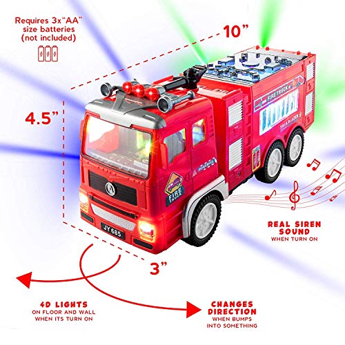 Electric Fire Truck Kids Toy - with Bright Flashing 4D Lights & Real Siren Sounds | Bump and Go Firetruck for Boys | Automatic Steering on Contact | Fire Engine Toy Trucks for Imaginative Play?