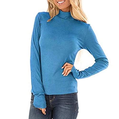 Fitfulvan Women's Turtleneck Slim Long Sleeve Top Fashion Solid Color Elegant Pullover Blue