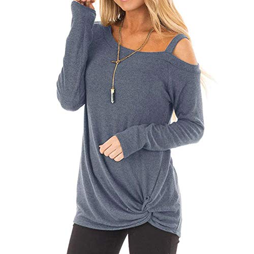 WUAI-Women Casual Shirts Cold Shoulder Tops Short Sleeve Fashion Knot Twist Front T-Shirt Blouse(Blue,X-Large)