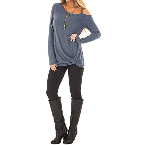 WUAI-Women Casual Shirts Cold Shoulder Tops Short Sleeve Fashion Knot Twist Front T-Shirt Blouse(Blue,X-Large)