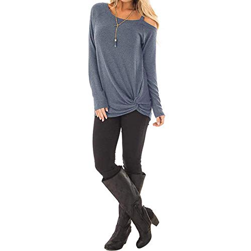 WUAI-Women Casual Shirts Cold Shoulder Tops Short Sleeve Fashion Knot Twist Front T-Shirt Blouse(Blue,X-Large)