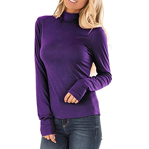 Fitfulvan Women's Turtleneck Slim Long Sleeve Top Fashion Solid Color Elegant Pullover Purple
