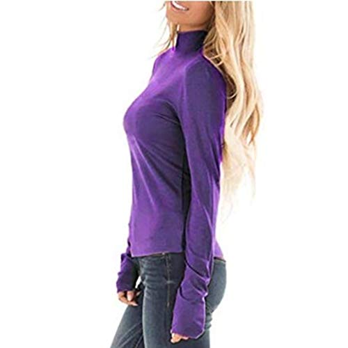 Fitfulvan Women's Turtleneck Slim Long Sleeve Top Fashion Solid Color Elegant Pullover Purple
