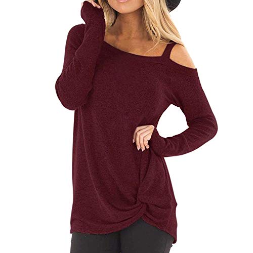 WUAI-Women Casual Shirts Cold Shoulder Tops Short Sleeve Fashion Knot Twist Front T-Shirt Blouse(Wine Red,X-Large)