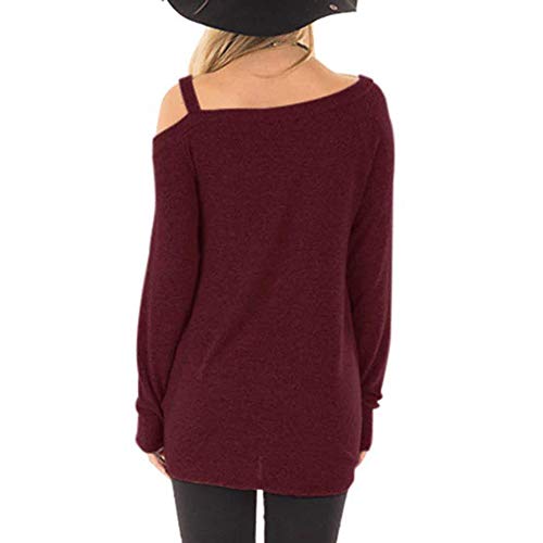 WUAI-Women Casual Shirts Cold Shoulder Tops Short Sleeve Fashion Knot Twist Front T-Shirt Blouse(Wine Red,X-Large)