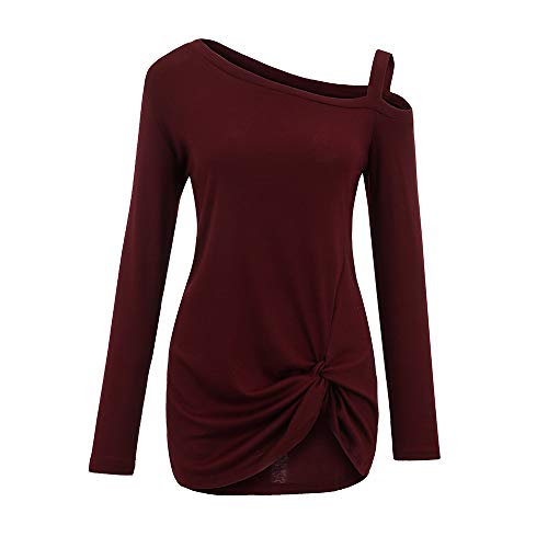 WUAI-Women Casual Shirts Cold Shoulder Tops Short Sleeve Fashion Knot Twist Front T-Shirt Blouse(Wine Red,X-Large)