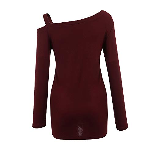 WUAI-Women Casual Shirts Cold Shoulder Tops Short Sleeve Fashion Knot Twist Front T-Shirt Blouse(Wine Red,X-Large)