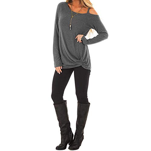 WUAI-Women Casual Shirts Cold Shoulder Tops Short Sleeve Fashion Knot Twist Front T-Shirt Blouse(Grey,Medium)