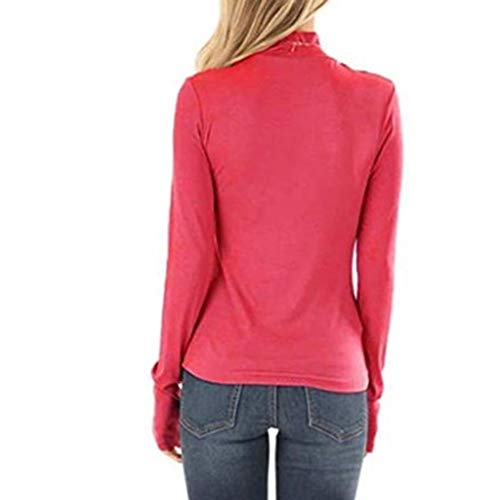Fitfulvan Women's Turtleneck Slim Long Sleeve Top Fashion Solid Color Elegant Pullover Red