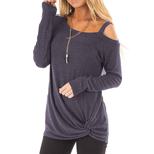 WUAI-Women Casual Shirts Cold Shoulder Tops Short Sleeve Fashion Knot Twist Front T-Shirt Blouse(Navy,Large)