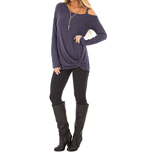 WUAI-Women Casual Shirts Cold Shoulder Tops Short Sleeve Fashion Knot Twist Front T-Shirt Blouse(Navy,Large)