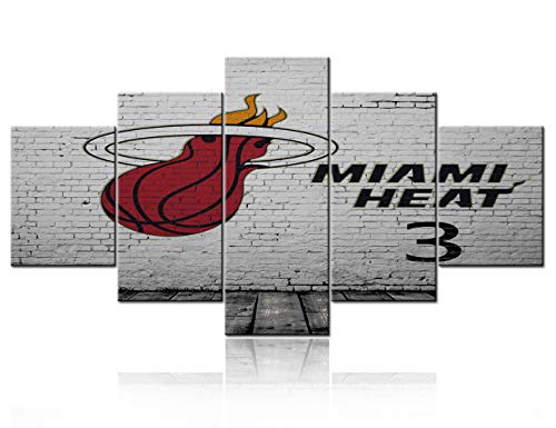 5 Panels Basketball Sports Wall Canvas Art Painting Kids Room Vintage Art NBA Team - Miami Heat Decor For Sports Game Room Large Size Boys Gift Bedroom Living Decor Stretched With Framed - 60"W x 32"H