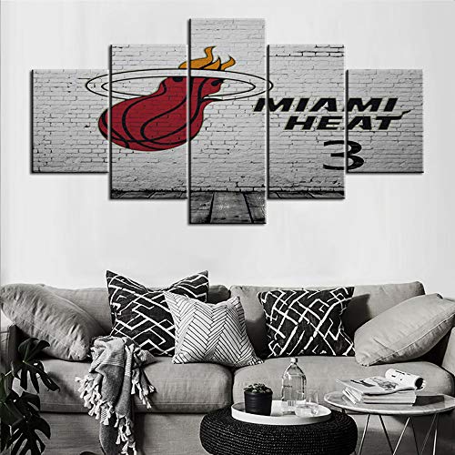 5 Panels Basketball Sports Wall Canvas Art Painting Kids Room Vintage Art NBA Team - Miami Heat Decor For Sports Game Room Large Size Boys Gift Bedroom Living Decor Stretched With Framed - 60"W x 32"H