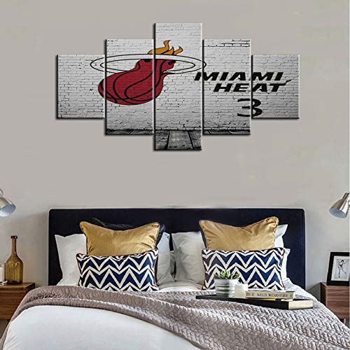 5 Panels Basketball Sports Wall Canvas Art Painting Kids Room Vintage Art NBA Team - Miami Heat Decor For Sports Game Room Large Size Boys Gift Bedroom Living Decor Stretched With Framed - 60"W x 32"H
