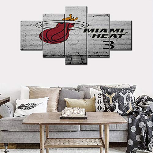 5 Panels Basketball Sports Wall Canvas Art Painting Kids Room Vintage Art NBA Team - Miami Heat Decor For Sports Game Room Large Size Boys Gift Bedroom Living Decor Stretched With Framed - 60"W x 32"H
