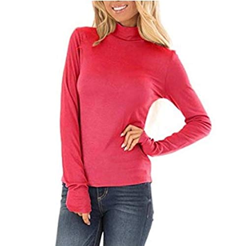 Fitfulvan Women's Turtleneck Slim Long Sleeve Top Fashion Solid Color Elegant Pullover Red