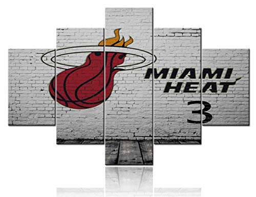 5 Pcs NBA Wall Decor, Basketball Poster Artwork Canvas Print NBA Team Miami Heat Logo Graffiti Picture Vintage Painting,Modern Kids Room Sports Wall Art Stretched and Frame Ready to Hang -60"W x 40"H