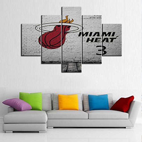 5 Pcs NBA Wall Decor, Basketball Poster Artwork Canvas Print NBA Team Miami Heat Logo Graffiti Picture Vintage Painting,Modern Kids Room Sports Wall Art Stretched and Frame Ready to Hang -60"W x 40"H