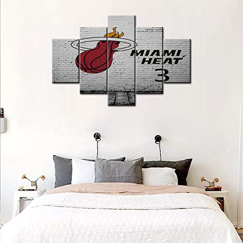 5 Pcs NBA Wall Decor, Basketball Poster Artwork Canvas Print NBA Team Miami Heat Logo Graffiti Picture Vintage Painting,Modern Kids Room Sports Wall Art Stretched and Frame Ready to Hang -60"W x 40"H