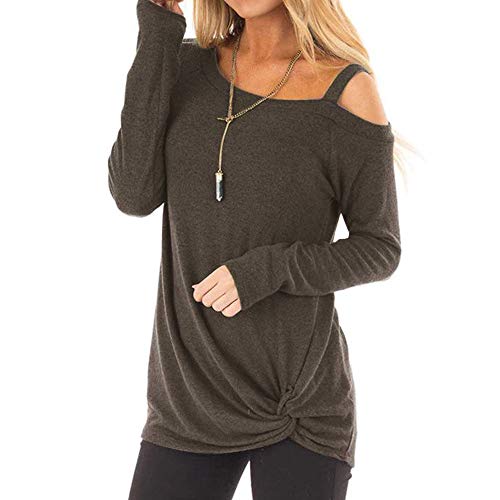 WUAI-Women Casual Shirts Cold Shoulder Tops Short Sleeve Fashion Knot Twist Front T-Shirt Blouse(Coffee,X-Large)