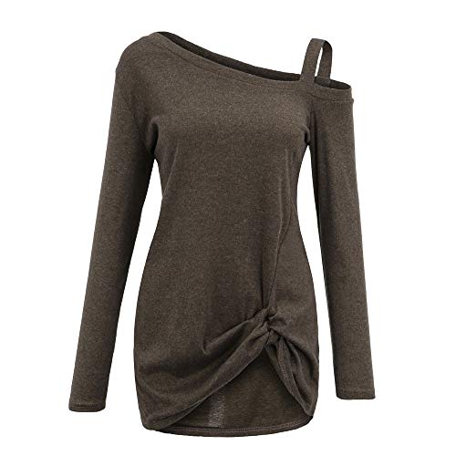 WUAI-Women Casual Shirts Cold Shoulder Tops Short Sleeve Fashion Knot Twist Front T-Shirt Blouse(Coffee,X-Large)