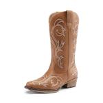 DREAM PAIRS Women's Tan Square Toe Cowboy Boots