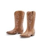 DREAM PAIRS Women's Tan Square Toe Cowboy Boots