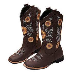 Women’s Square Toe Cowboy Boots with Sunflower Design
