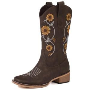 Brown Square Toe Cowgirl Boots with Floral Embroidery
