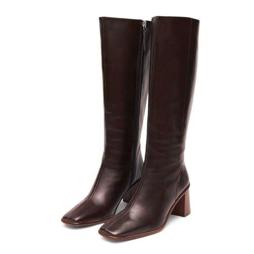 SOVANYOU Women’s Dark Brown Square Toe Knee High Boots