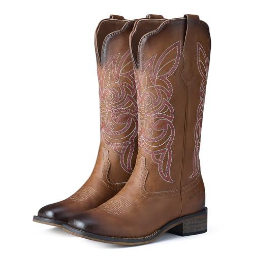 Rollda Women's Square Toe Mid Calf Cowboy Boots
