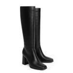 Black Knee High Chunky Heel Square Toe Boots