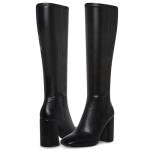 SOVANYOU Black Leather Knee High Square Toe Boots