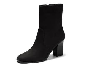 Coutgo Women's Black Square Toe Chunky Heel Boots