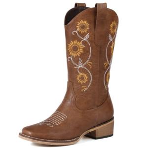 Tan Floral Square Toe Cowboy Boots for Women