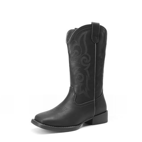DREAM PAIRS Black Embroidered Square Toe Cowboy Boots