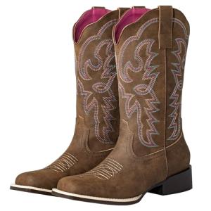 Women's Wide Square Toe Western Cowboy Boots - Brown